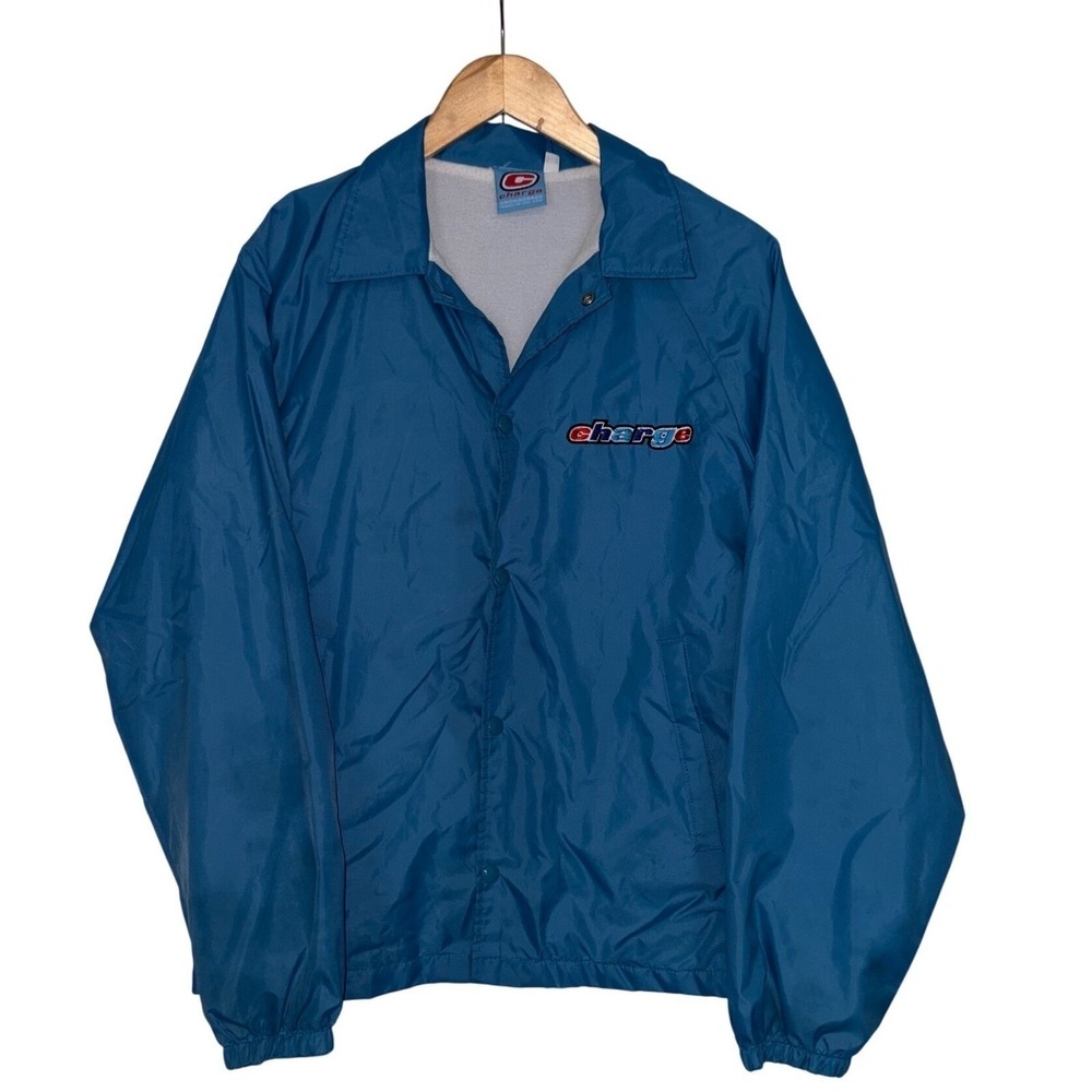 VTG Charge Snowboards Coach Jacket L Blue Lined‎ Snap Front USA Made 90s Skate